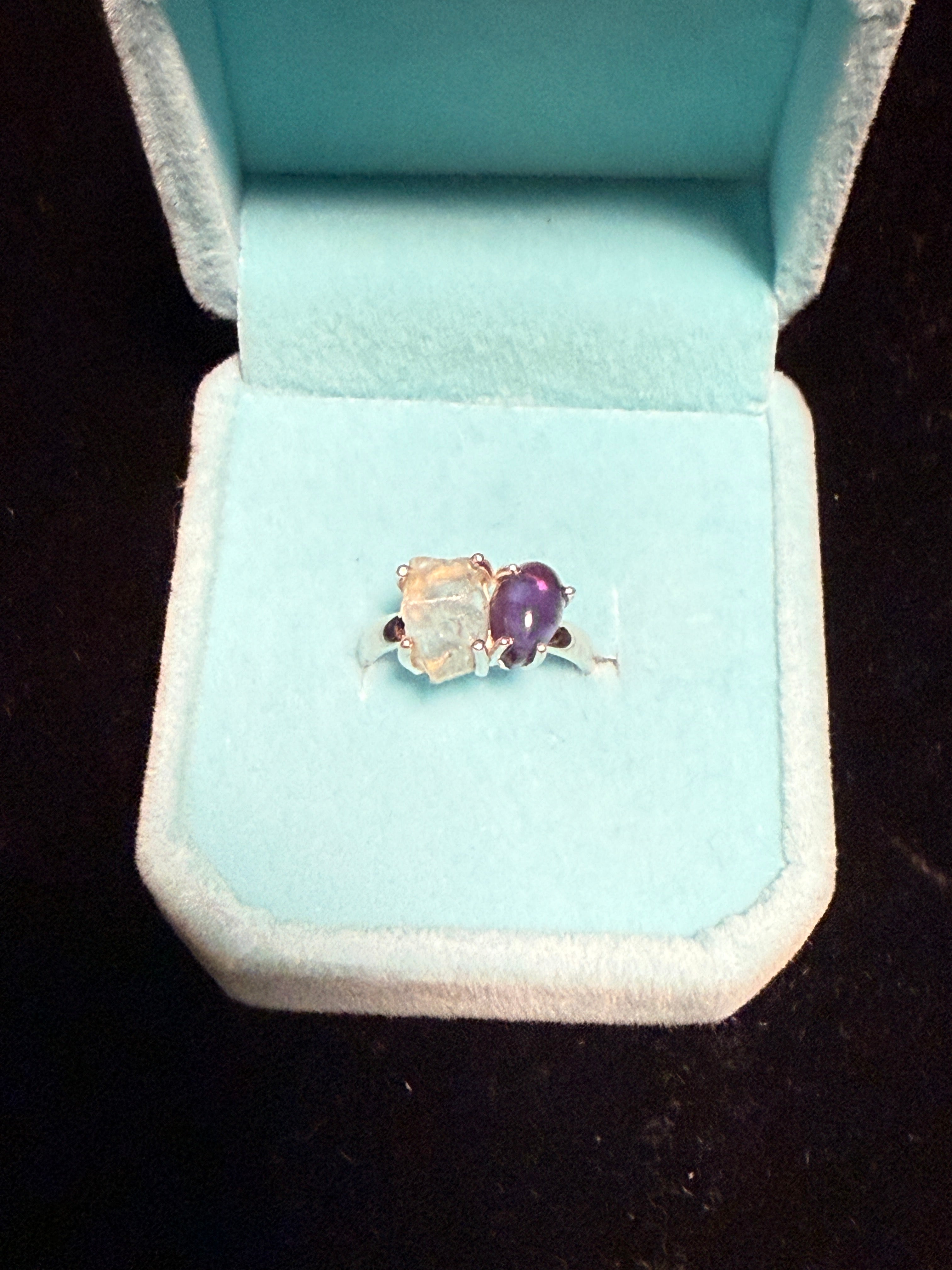 2 Stone Aquamarine & Amethyst Ring