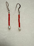 Dangle earrings with red coral and freshwater pearls