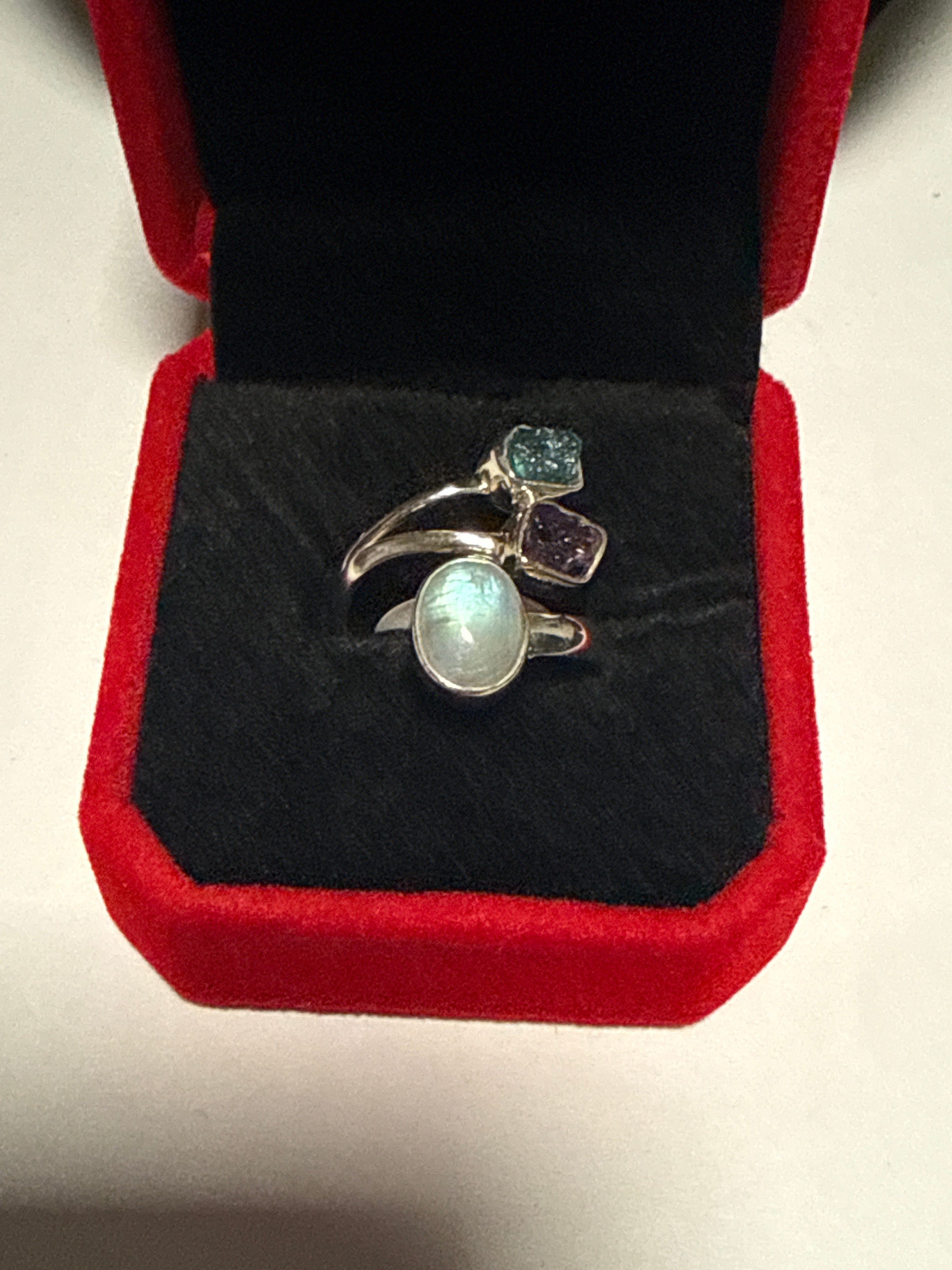 Three stone adjustable fan ring. moonstone, amethyst and blue kyanite.
