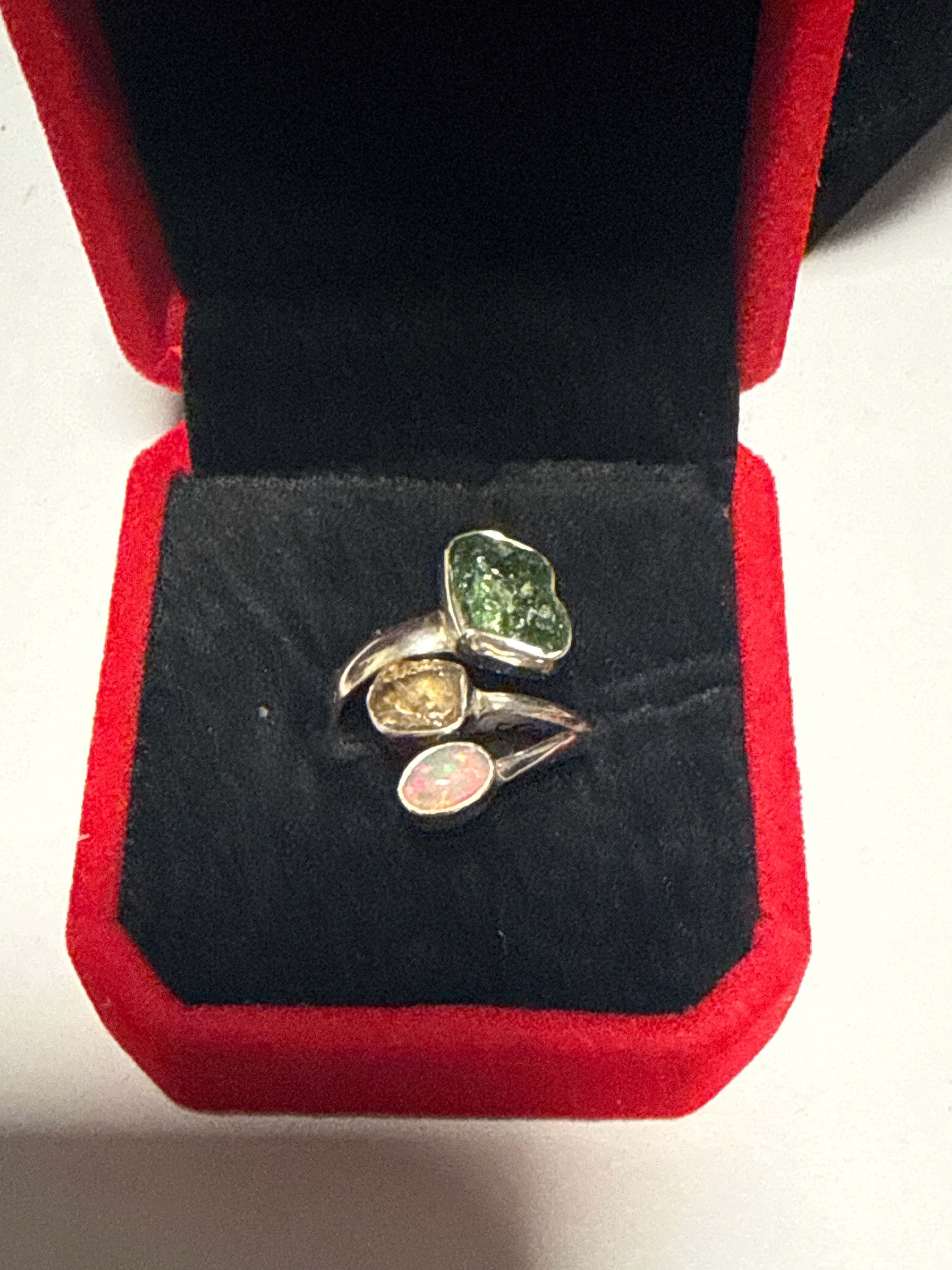 Three stone adjustable fan ring. Green Tourmaline, citrine and Ethiopian opal.