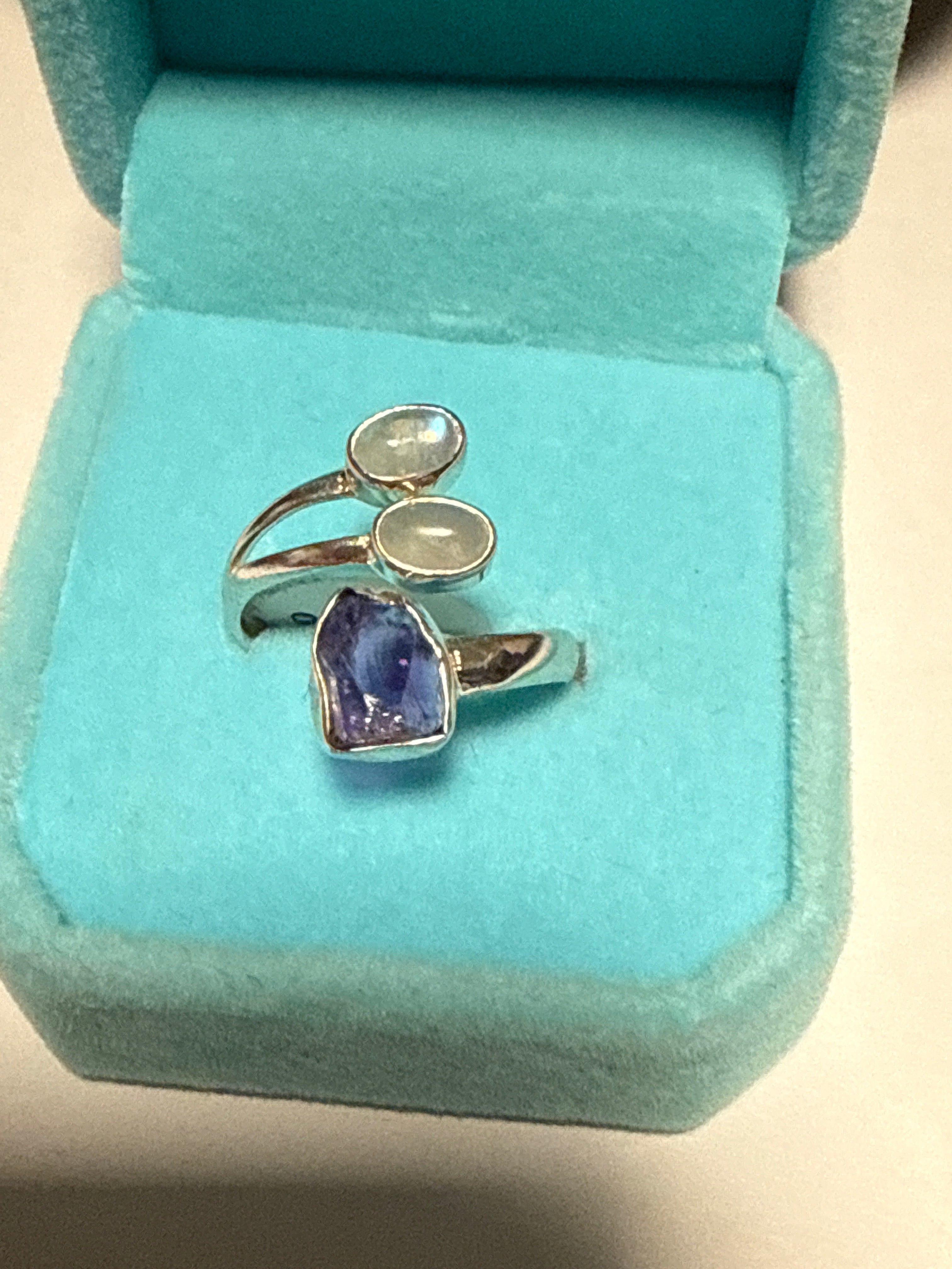 Three stone adjustable fan ring. Amethyst, moonstone and rose quartz.