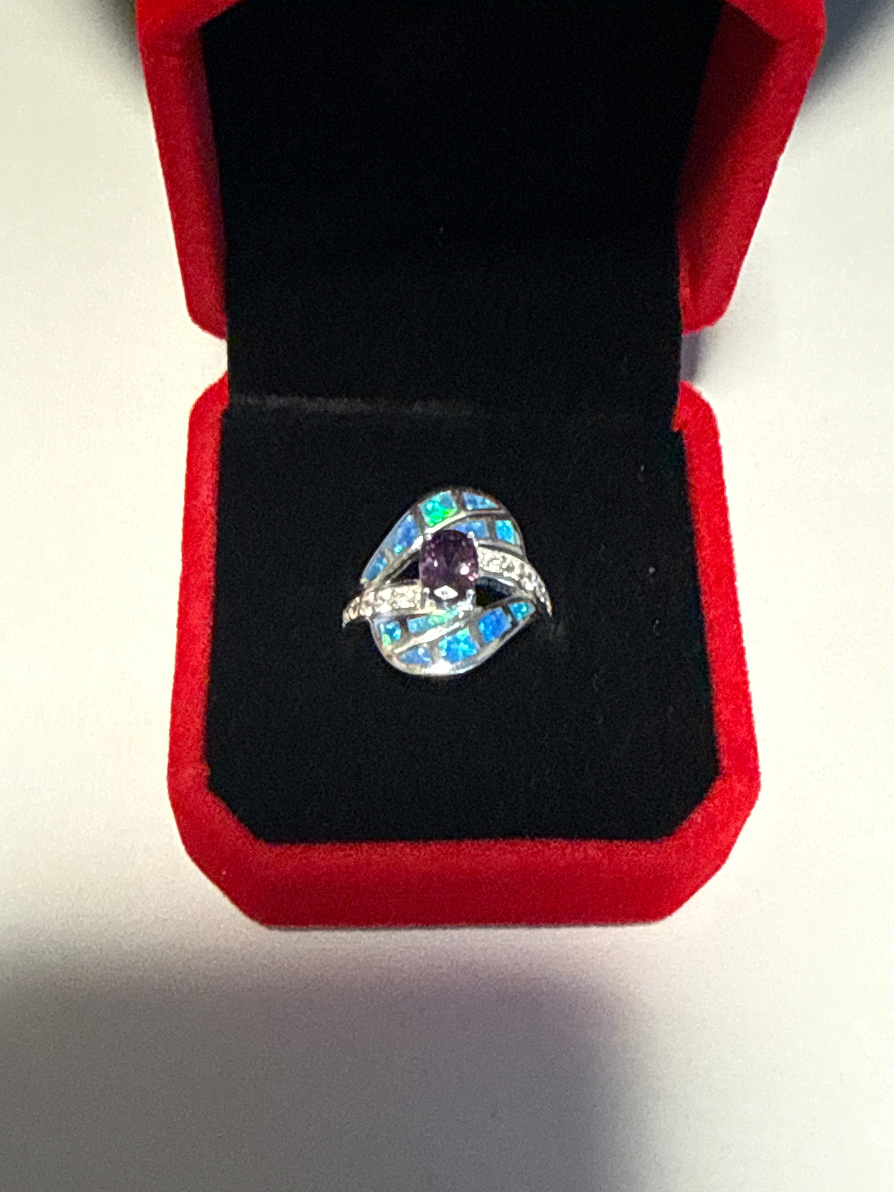 Facet amethyst with Inlay Black Opal Cz Stones Wrapped in Sterling Silver size 5