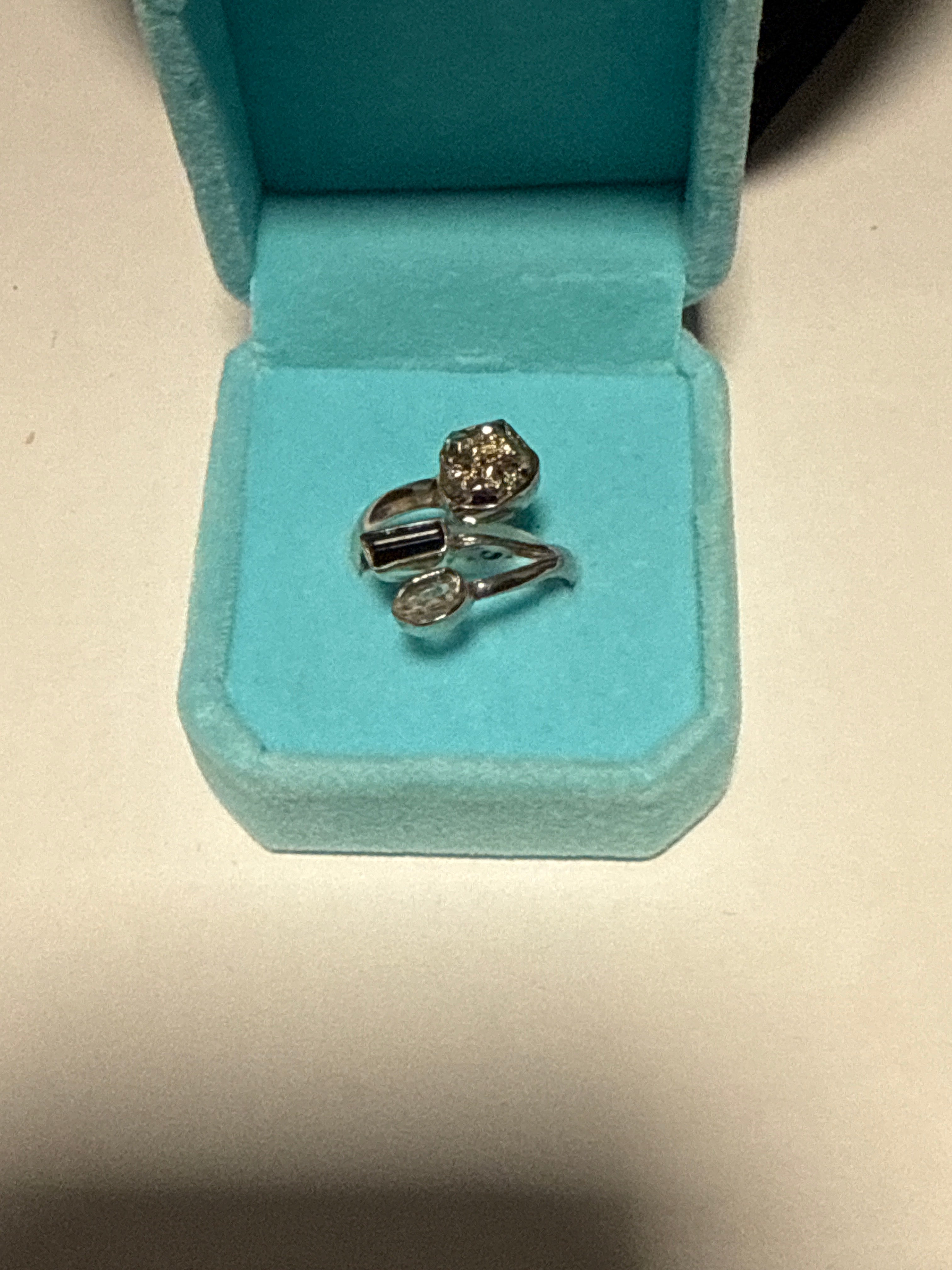 Adjustable fan ring. Druzy Pyrite,Black Tourmaline Pakimer Diamond