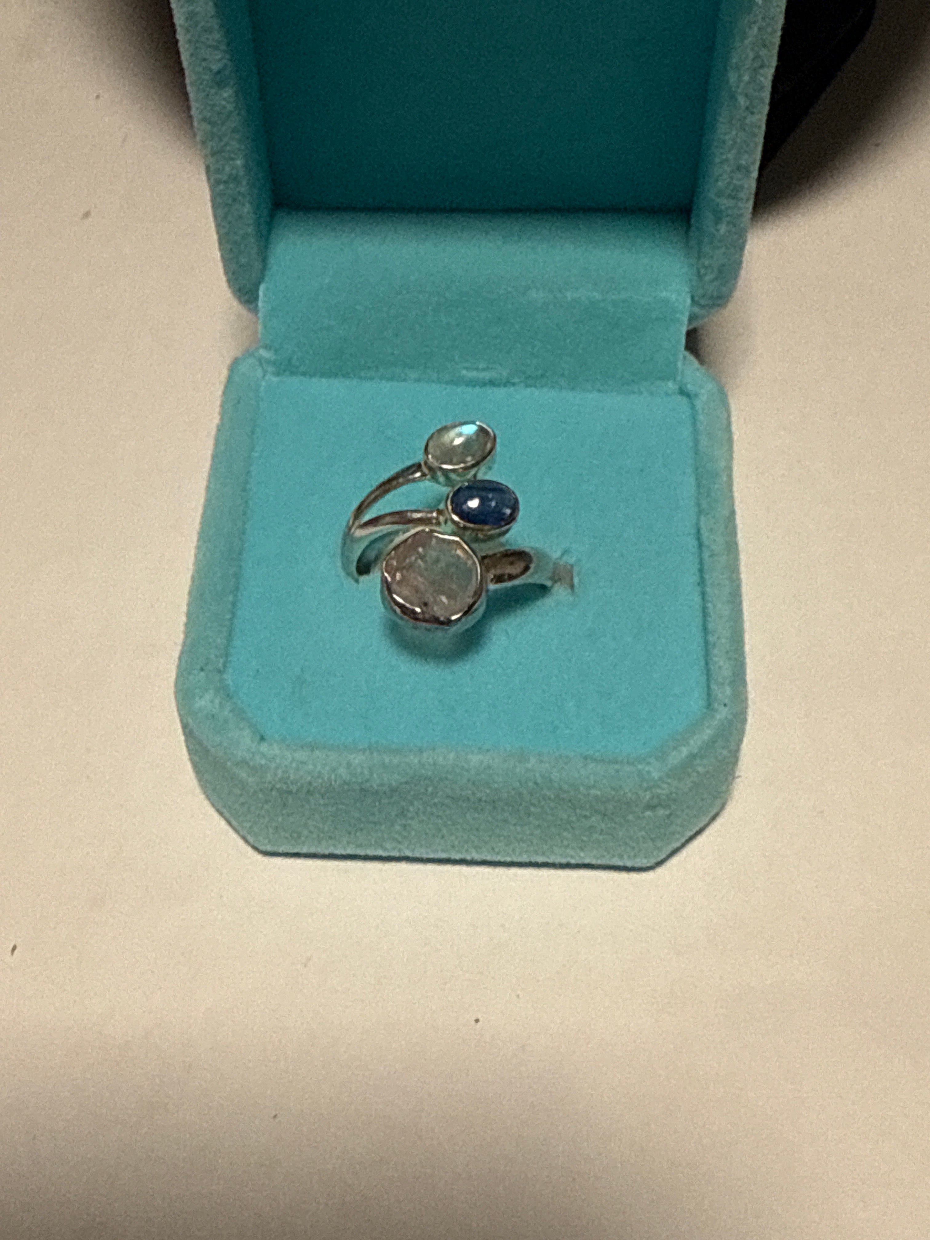 Adjustable three stone fan ring. Rose quartz,Blue Kyanite and rainbow moonstone