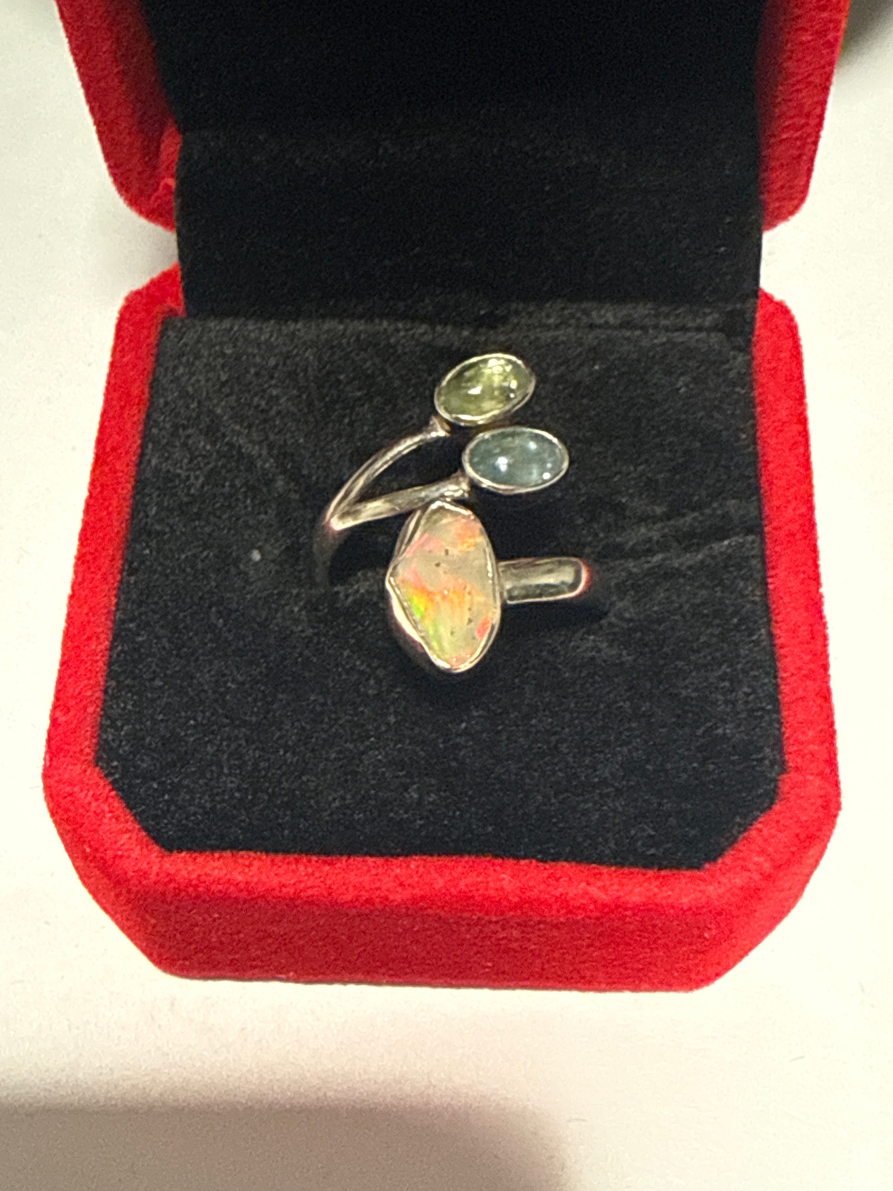 Three stone adjustable fan ring.Ethiopian opal,Blue Kyanite & Mint green Kyanite.
